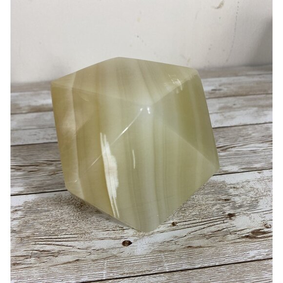 Onyx Paperweight Geometrical Tetradecagon Natural White Cream Brown Marbling Vtg - Picture 8 of 13